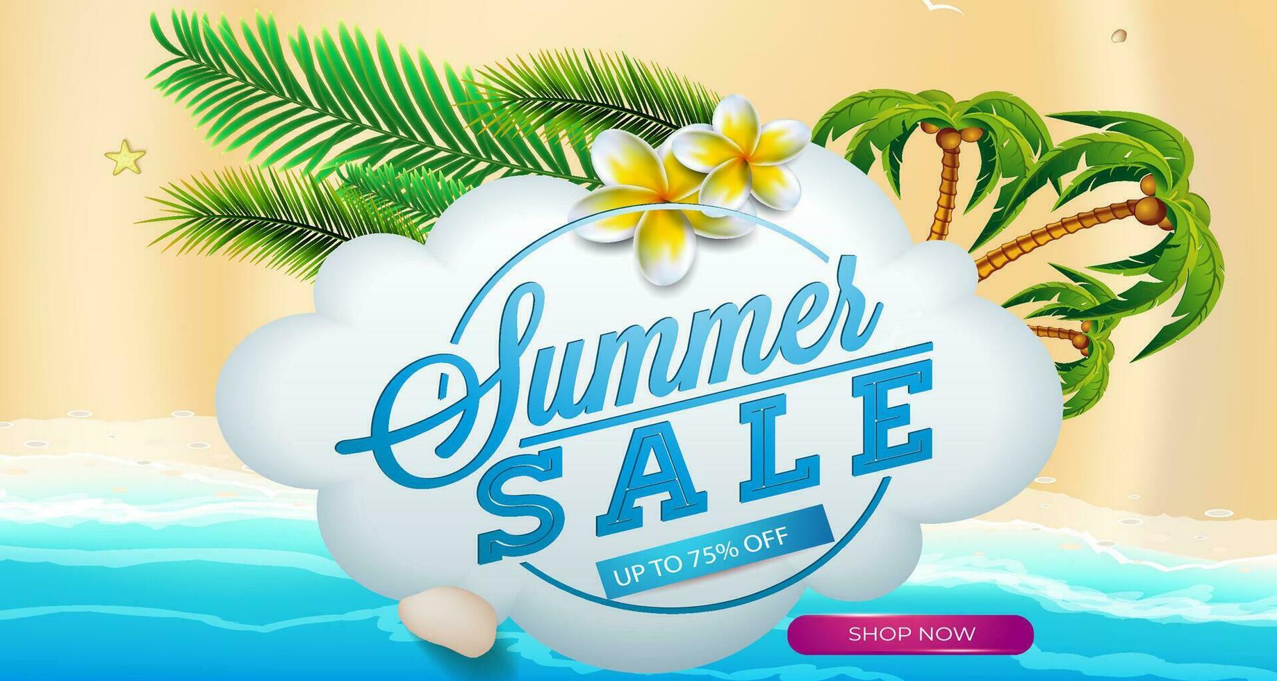 Sommer- Verkauf Banner und Poster Design mit tropisch Strand Hintergrund Vektor. realistisch groß und Super Verkauf Sommer- Ferien Hintergrund Design. vektor