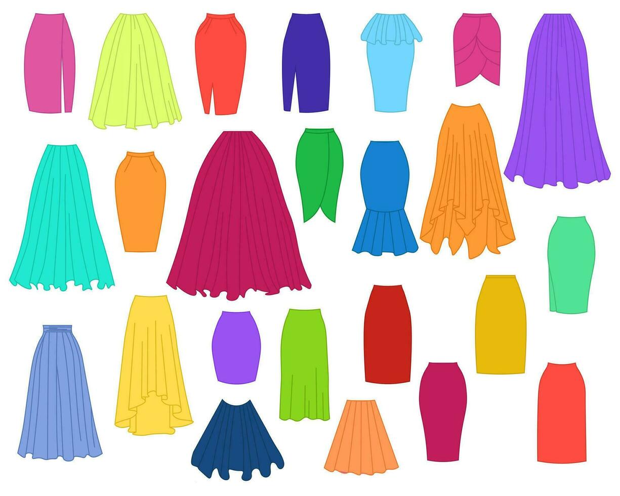 uppsättning av annorlunda typer av kjolar för kvinna mode. vektor illustration