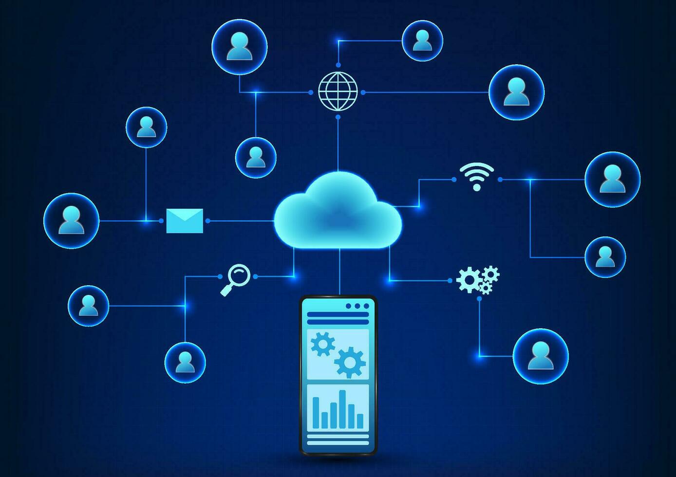 Wolke Technologie Das integriert mit Smartphones hält wichtig Information und Anteile Information mit Empfänger. Vektor Illustration von das Handy, Mobiltelefon Telefon in Verbindung gebracht zu das Wolke in Verbindung gebracht Symbol.