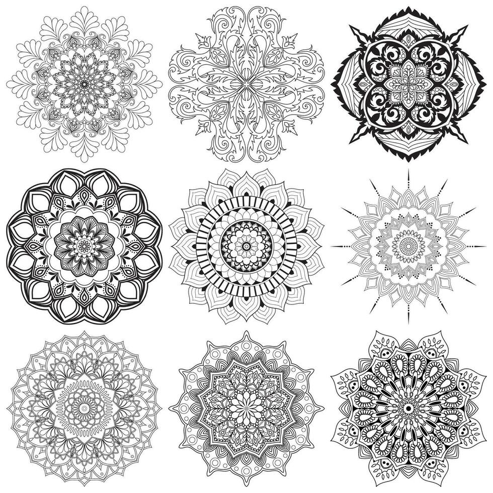 uppsättning mandalas. runda prydnad mönster. mandala blomma. årgång dekorativ element. hand dragen bakgrund. islam, arabiska, indian, ottoman motiv. vektor