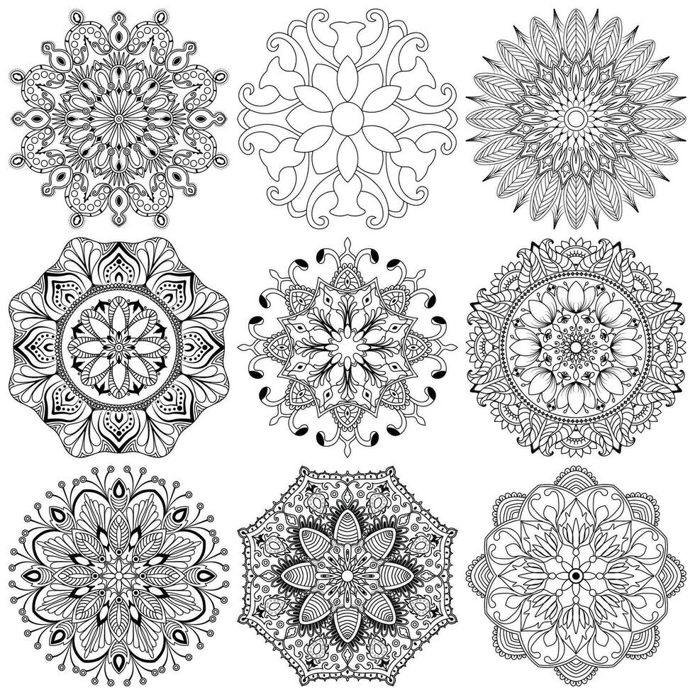 uppsättning mandalas. runda prydnad mönster. mandala blomma. årgång dekorativ element. hand dragen bakgrund. islam, arabiska, indian, ottoman motiv. vektor