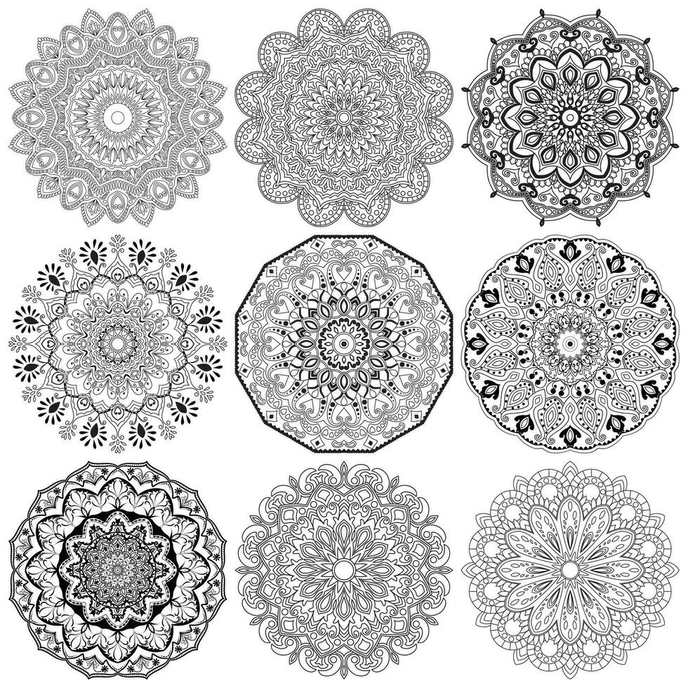 uppsättning mandalas. runda prydnad mönster. mandala blomma. årgång dekorativ element. hand dragen bakgrund. islam, arabiska, indian, ottoman motiv. vektor