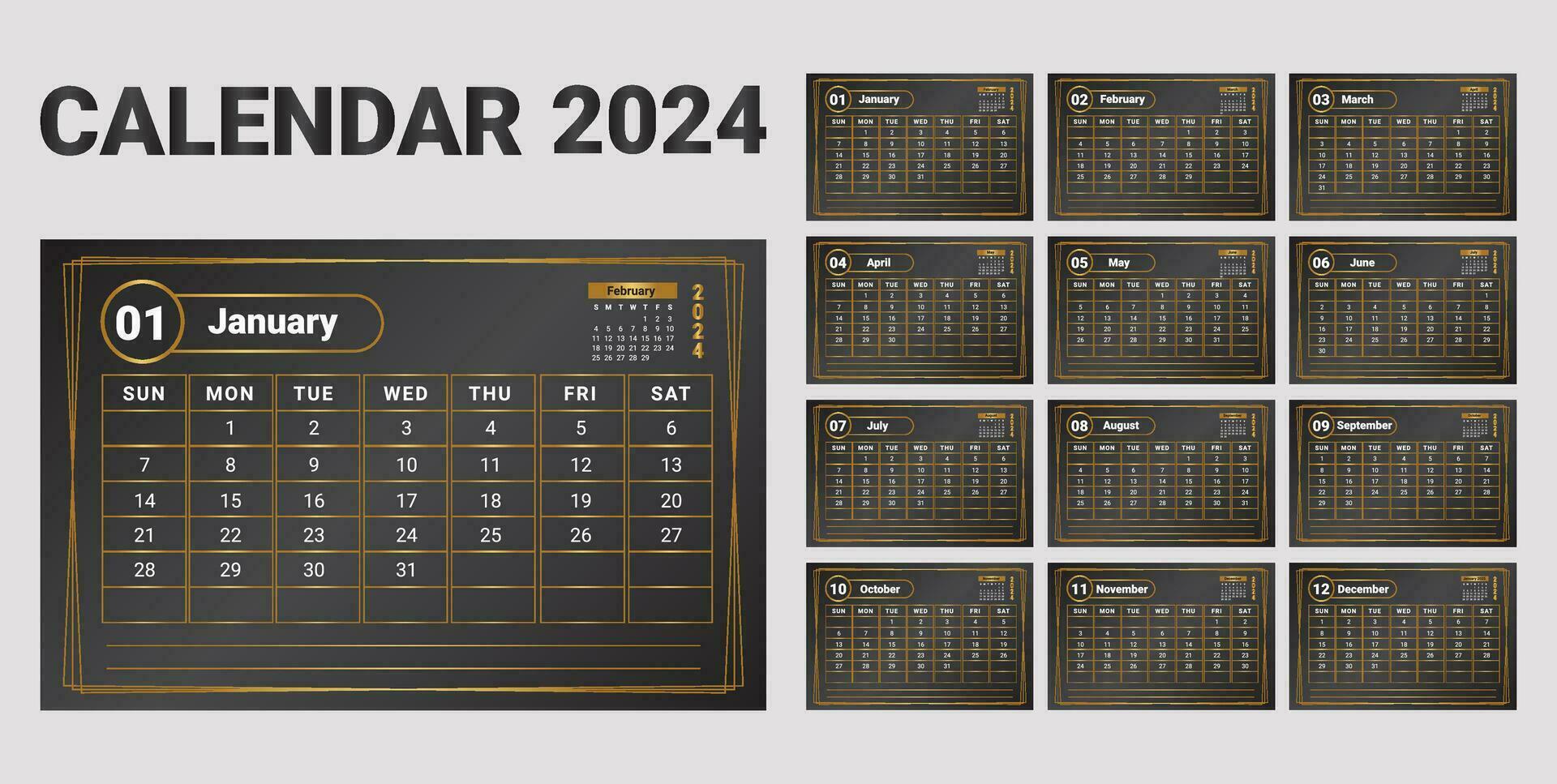 tabell kalender 2024 lyx design vektor mall