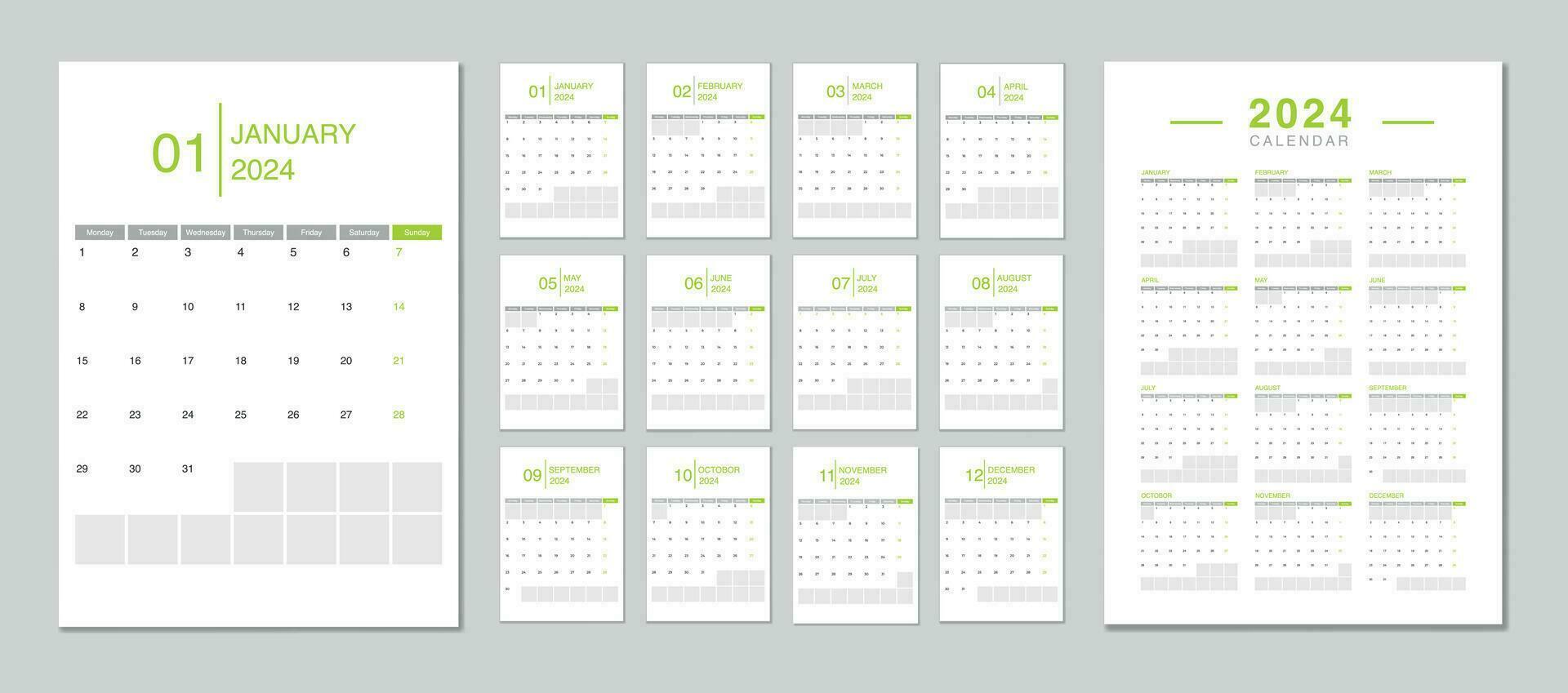 modern 2024 Kalender. Woche Start Montag. editierbar 2024 Kalender Design Vorlage zum glücklich Neu Jahr vektor