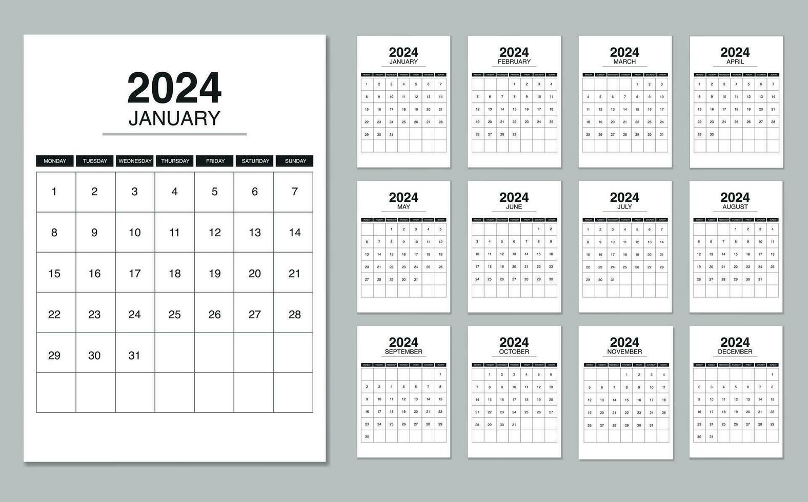 Kalender 2024 Woche Start Montag. editierbar 2024 Kalender Design Vorlage zum glücklich Neu Jahr vektor