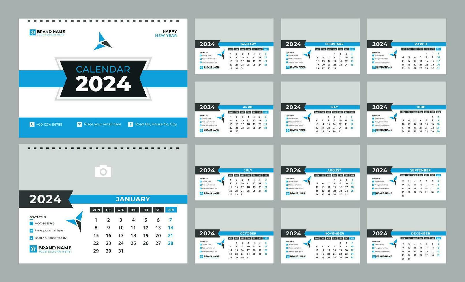 skrivbord kalender 2024 mall. 12 månader ingår. redigerbar 2024 kalender design. vektor