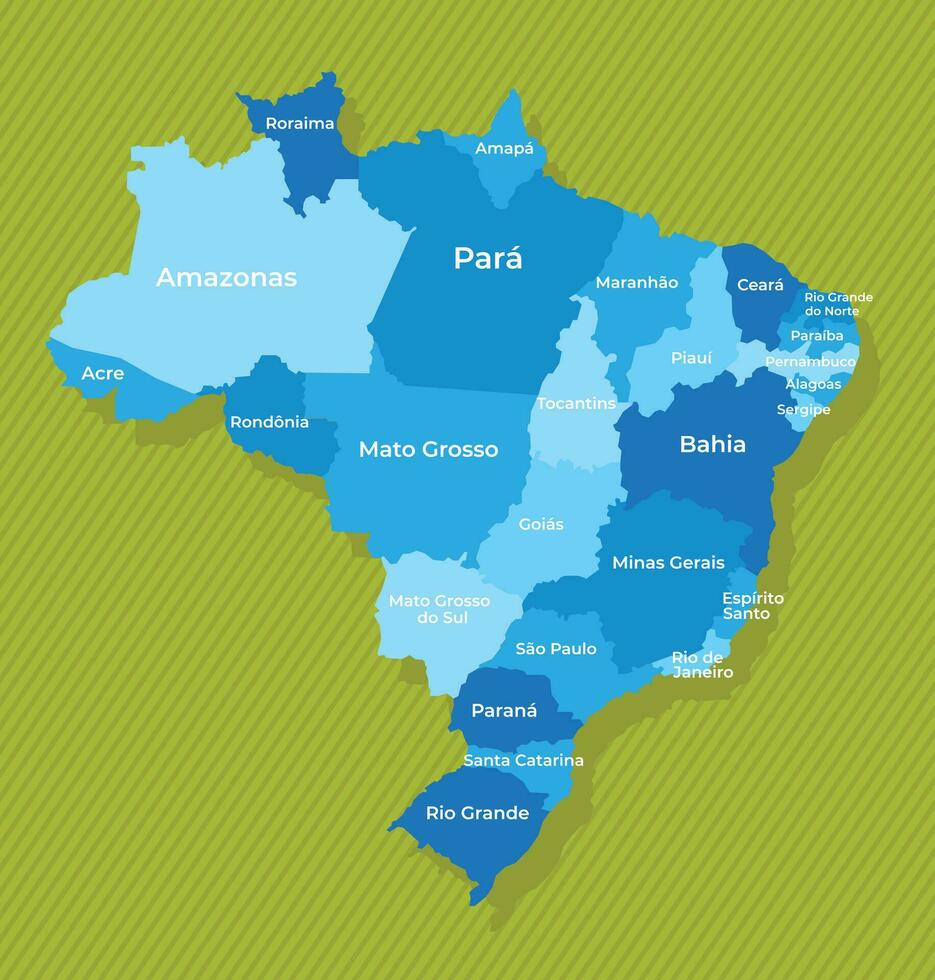 Brasilien Karta med namn av de regioner blå politisk Karta grön bakgrund vektor illustration