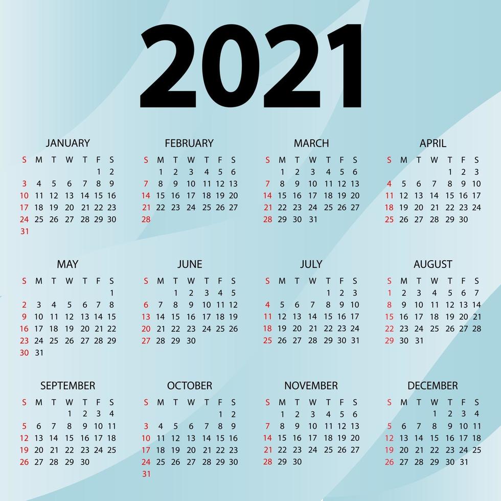 kalender 2021 år - vektorillustration. veckan börjar söndag. årskalender 2021 mall. väggkalender med abstrakt blå bakgrund. söndag i röda färger. vektor