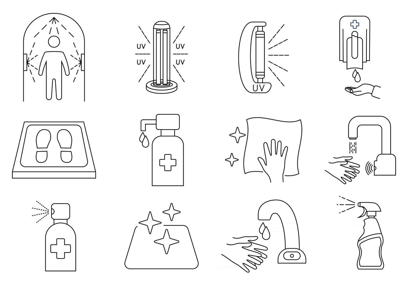 desinfektionslinjeikoner. rengörings- och desinfektionsyta, sprayflaska, tvätthandgel, UV-lampa, desinficeringsmatta, beröringsfri kran och dispenser, desinfektionstunnel. redigerbar stroke. vektor