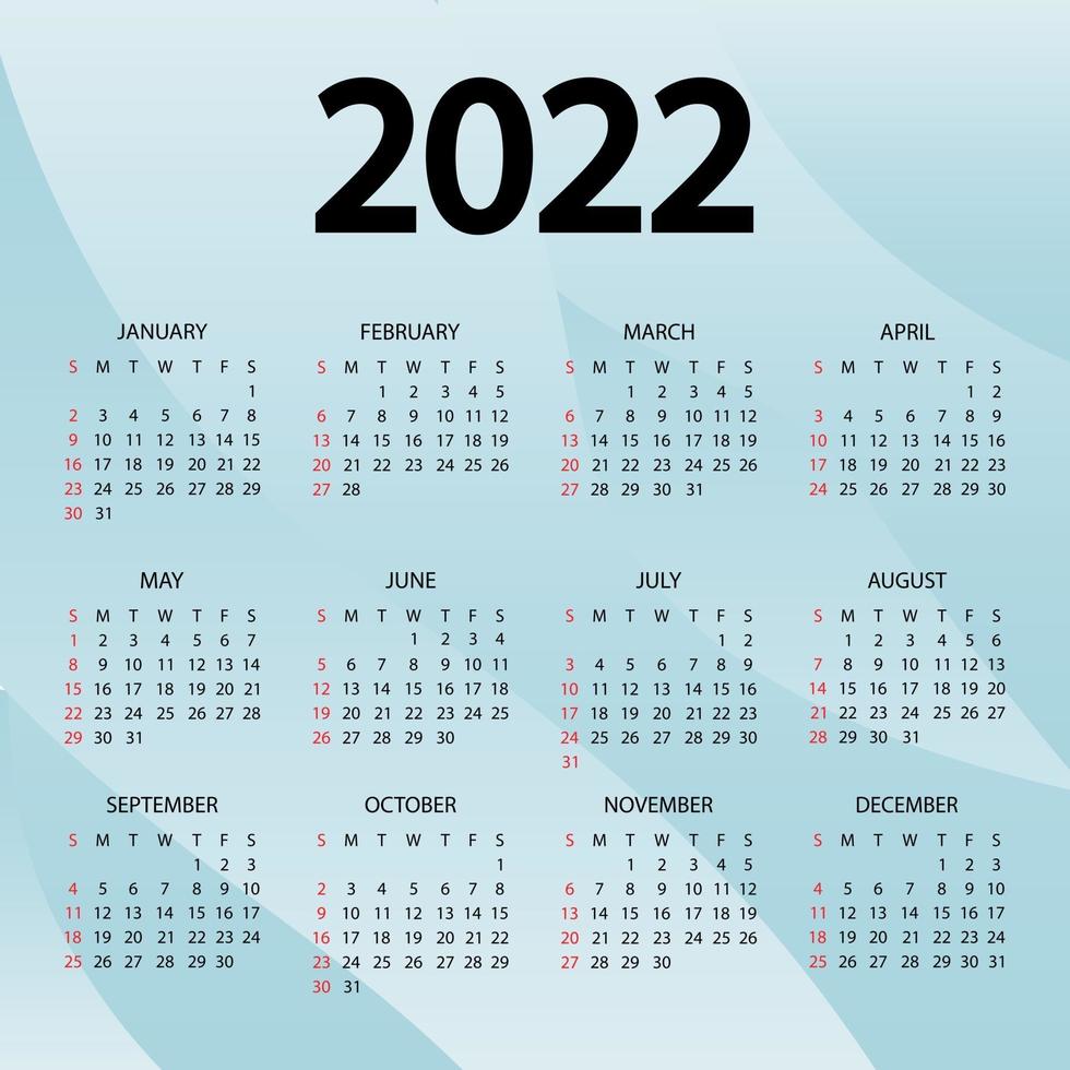 Kalender 2022 Jahr - Vektor-Illustration. die woche beginnt sonntag. Jahreskalender 2022 Vorlage. Wandkalender mit abstraktem blauem Hintergrund. Sonntag in roten Farben. Vektor