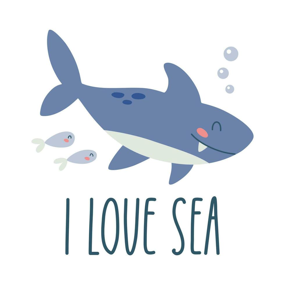 text Citat hav liv, hav, strand, sommar semester med söt tecknad serie haj. affisch, skriva ut, vykort, klistermärke på en marin tema. jag kärlek hav. vektor illustration