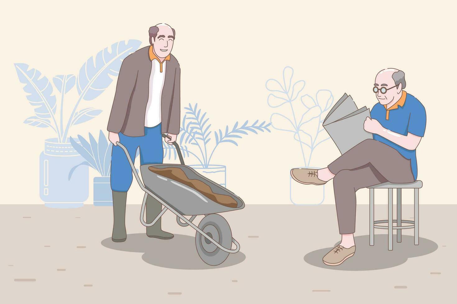 Senior Menschen Pflanzen ein Baum, eben Design Stil Illustration mit Karikatur Figuren. vektor