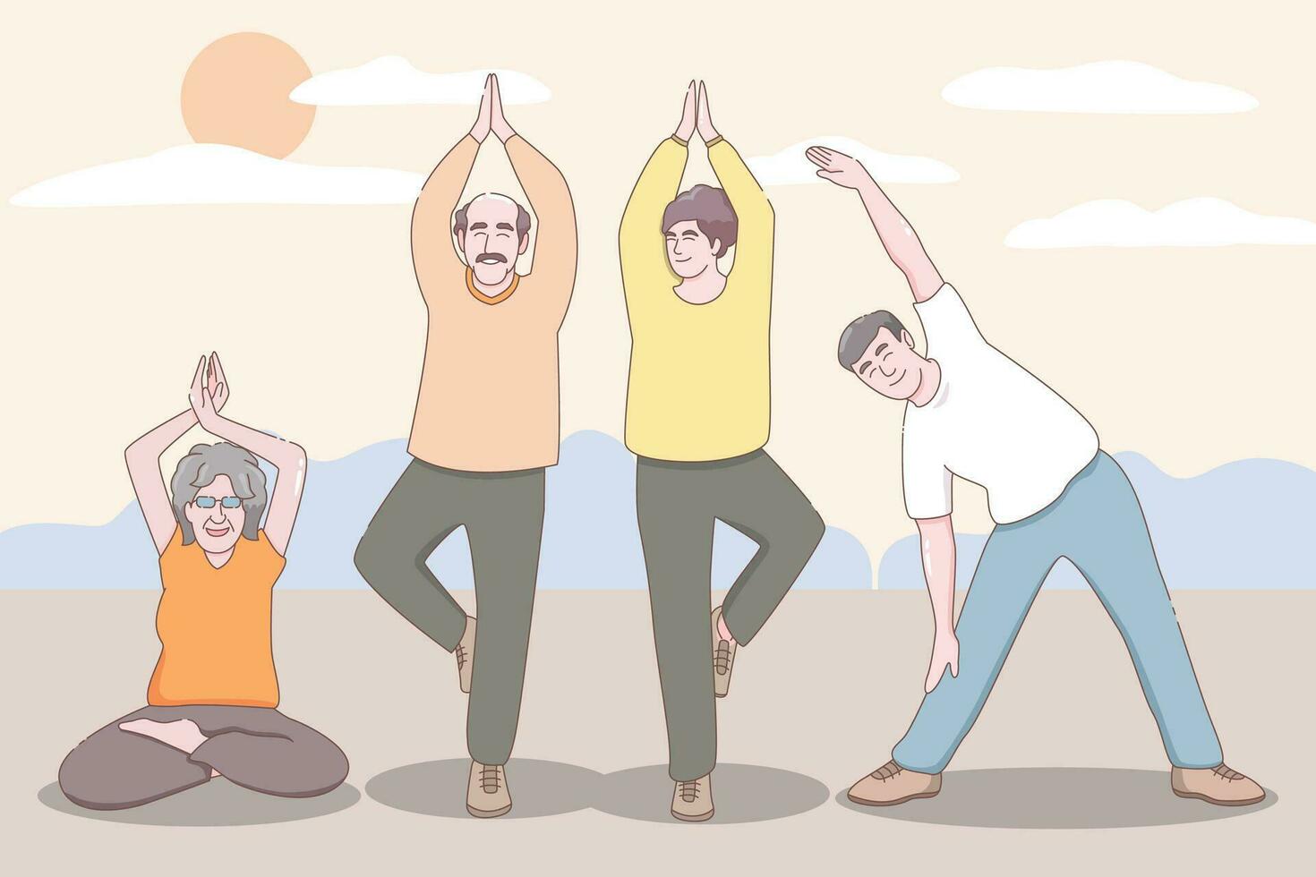 Alten Paar üben Yoga, Großeltern tun Übungen, Sport, Morgen Übungen, Karikatur Vektor Illustration.