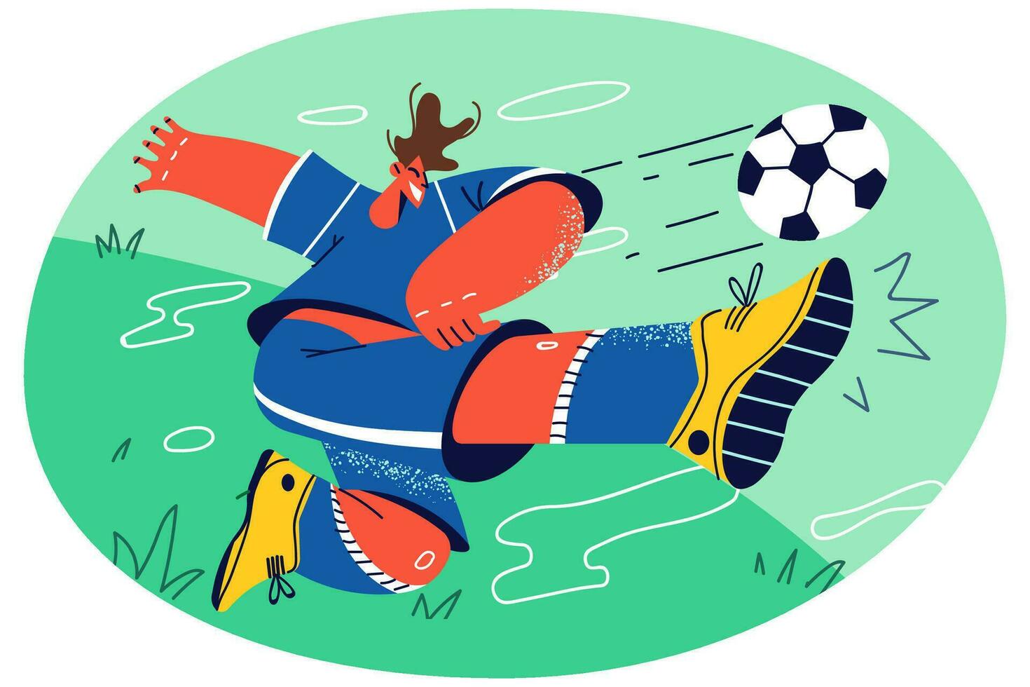 lächelnd männlich Athlet trete Fußball Ball auf Feld. glücklich motiviert Sportler beschäftigt, verlobt im Spiel oder passen. Sport Karriere. Vektor Illustration.