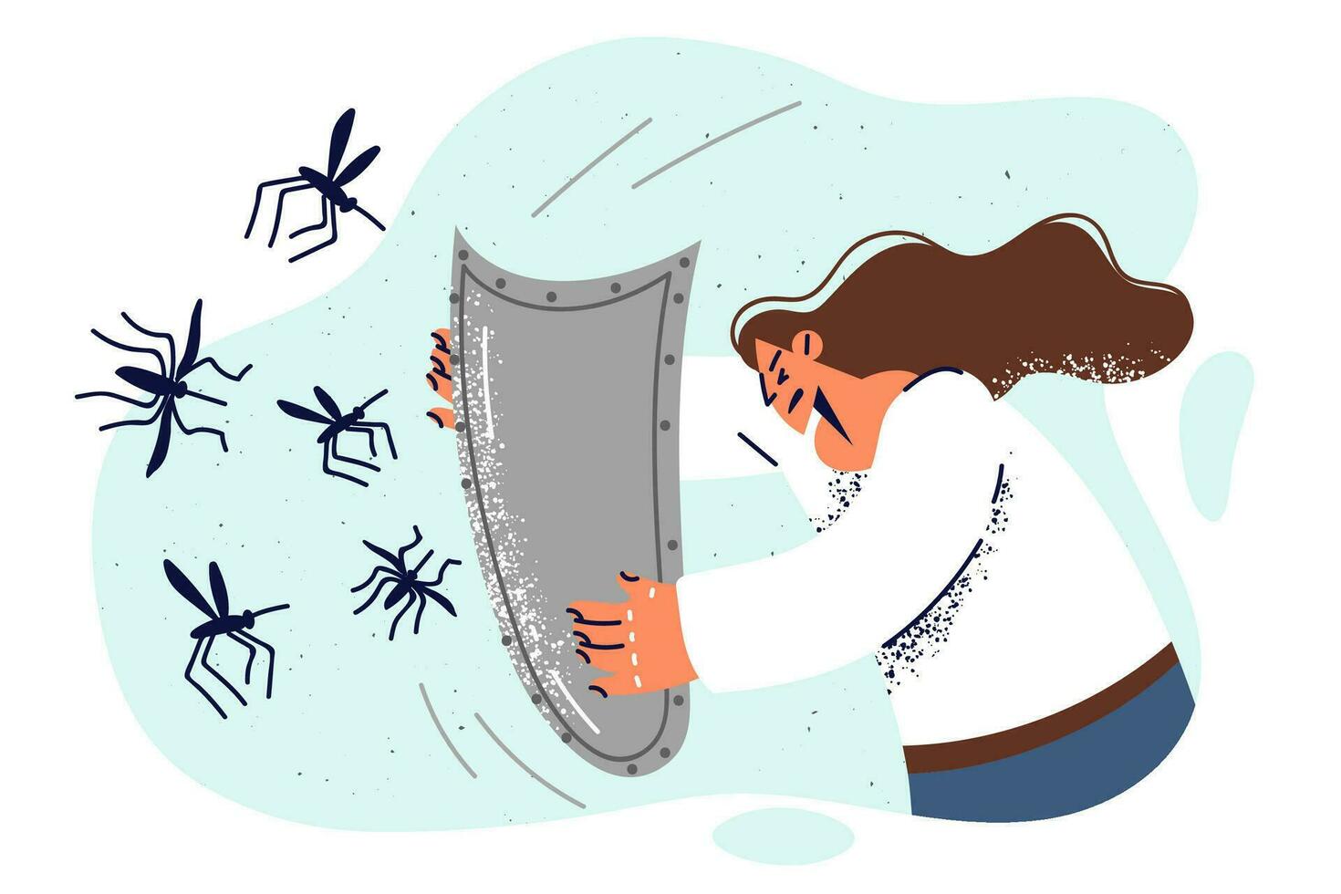 maliär mygg ge sig på kvinna med skydda, påfrestande till skydda själv från biter av blodsugande insekter. begrepp använder sig av anti mygg krämer eller gasningsmedel och skyddande skärmar för fönster vektor