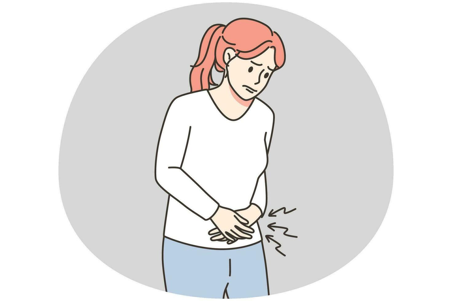 ungesund Frau leiden von Perioden Schmerzen während Uhr. nicht wohl weiblich Kampf von Magenschmerzen. Gesundheitswesen Konzept. Vektor Illustration.