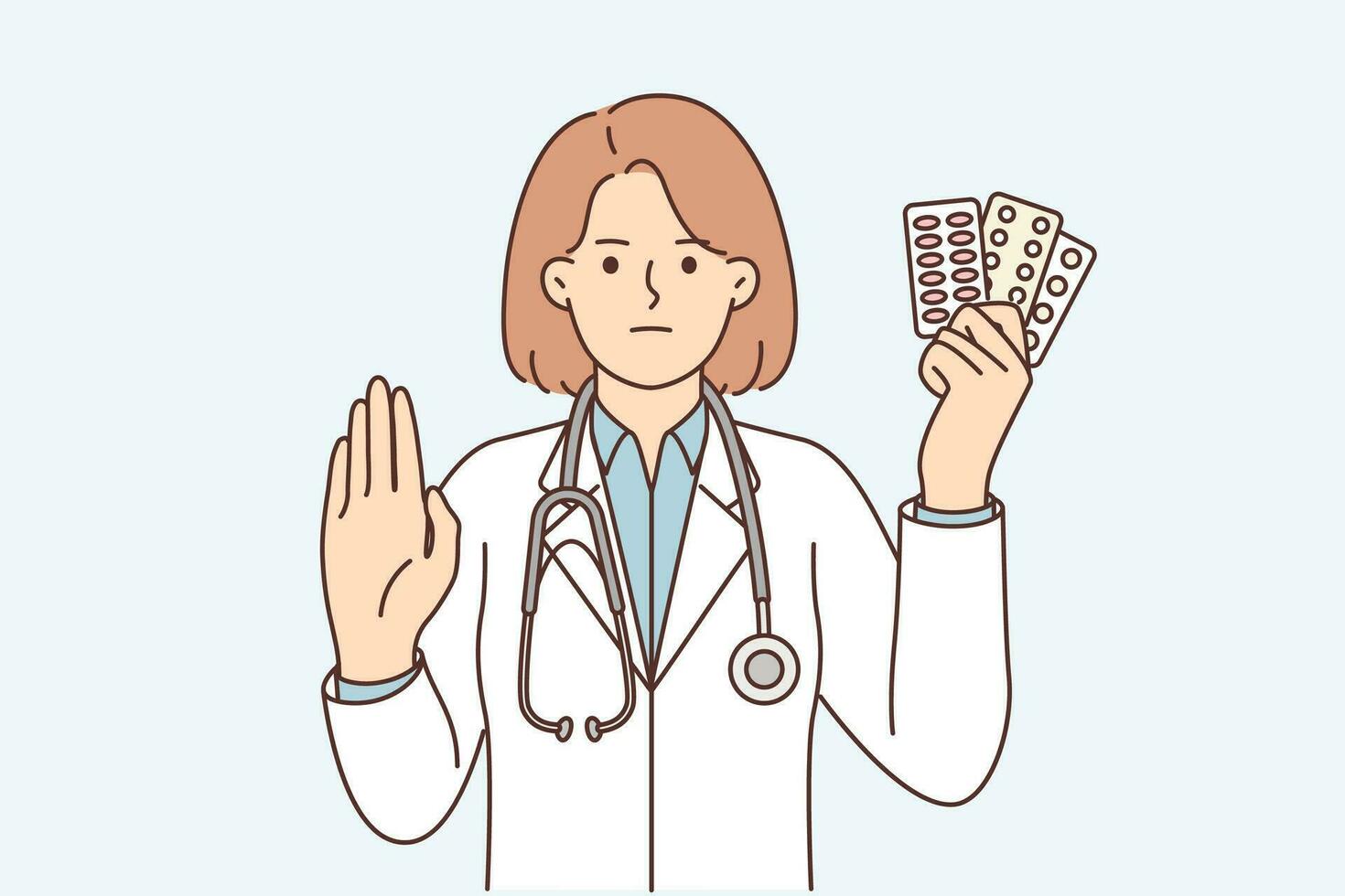 kvinna läkare med piller i händer visar sluta gest uppmaning till sluta tar antibiotika eller antidepressiva medel. läkare rekommenderar begränsande antidepressivt medel behandling på grund av till missbruk eller sida effekter vektor