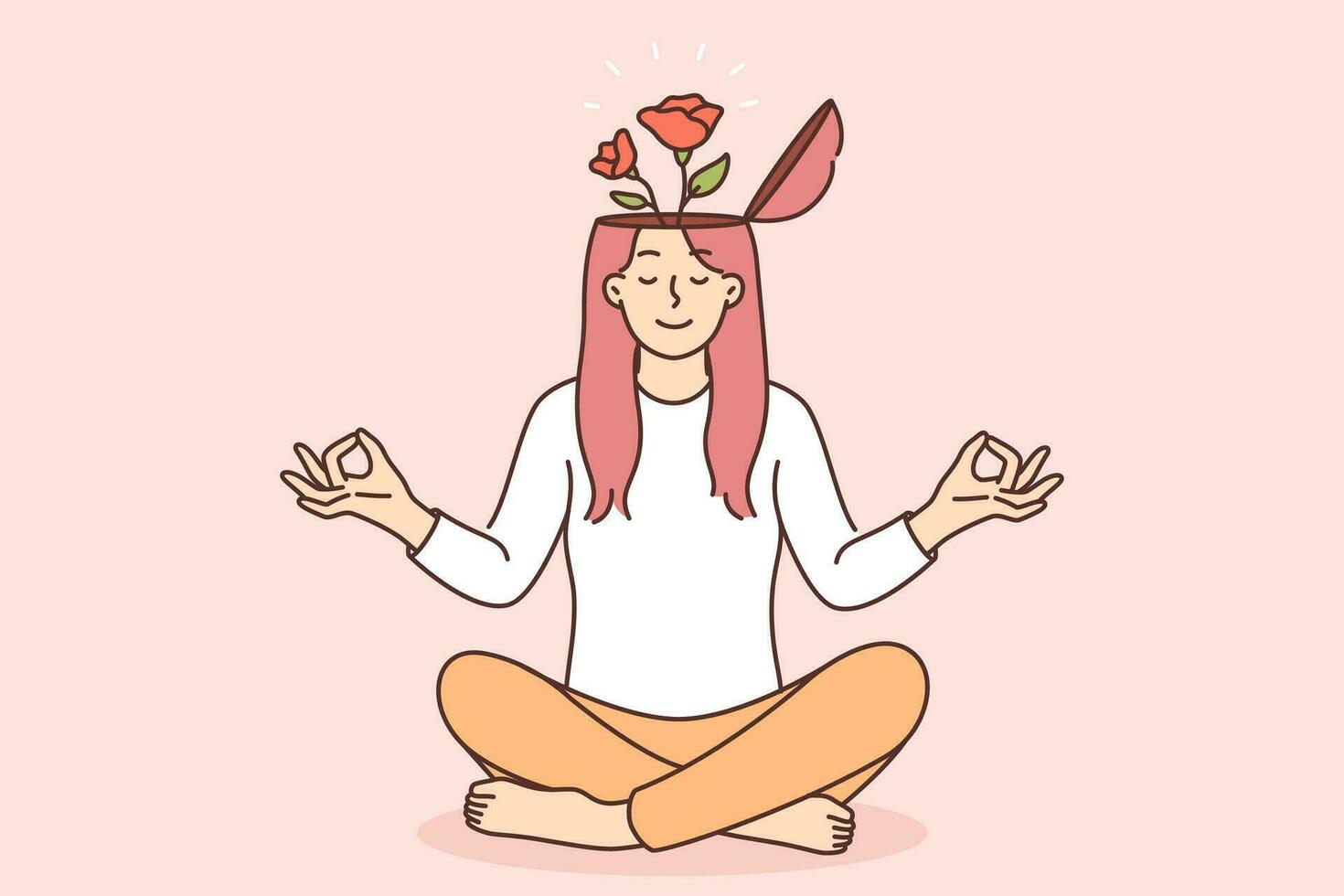 Yogi Frau meditiert und fühlt sich Wie Blumen wachsen von Kopf, symbolisieren mental Harmonie oder Gleichgewicht. Mädchen sitzt im Lotus Position und meditiert zu erhalten loswerden von Schlecht Gedanken nach Empfang Schlecht Nachricht. vektor