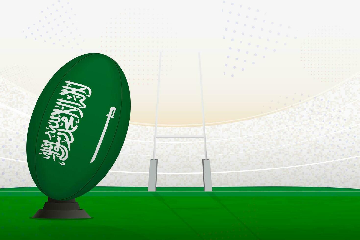 Saudi Arabien National Mannschaft Rugby Ball auf Rugby Stadion und Tor Beiträge, vorbereiten zum ein Strafe oder kostenlos trete. vektor