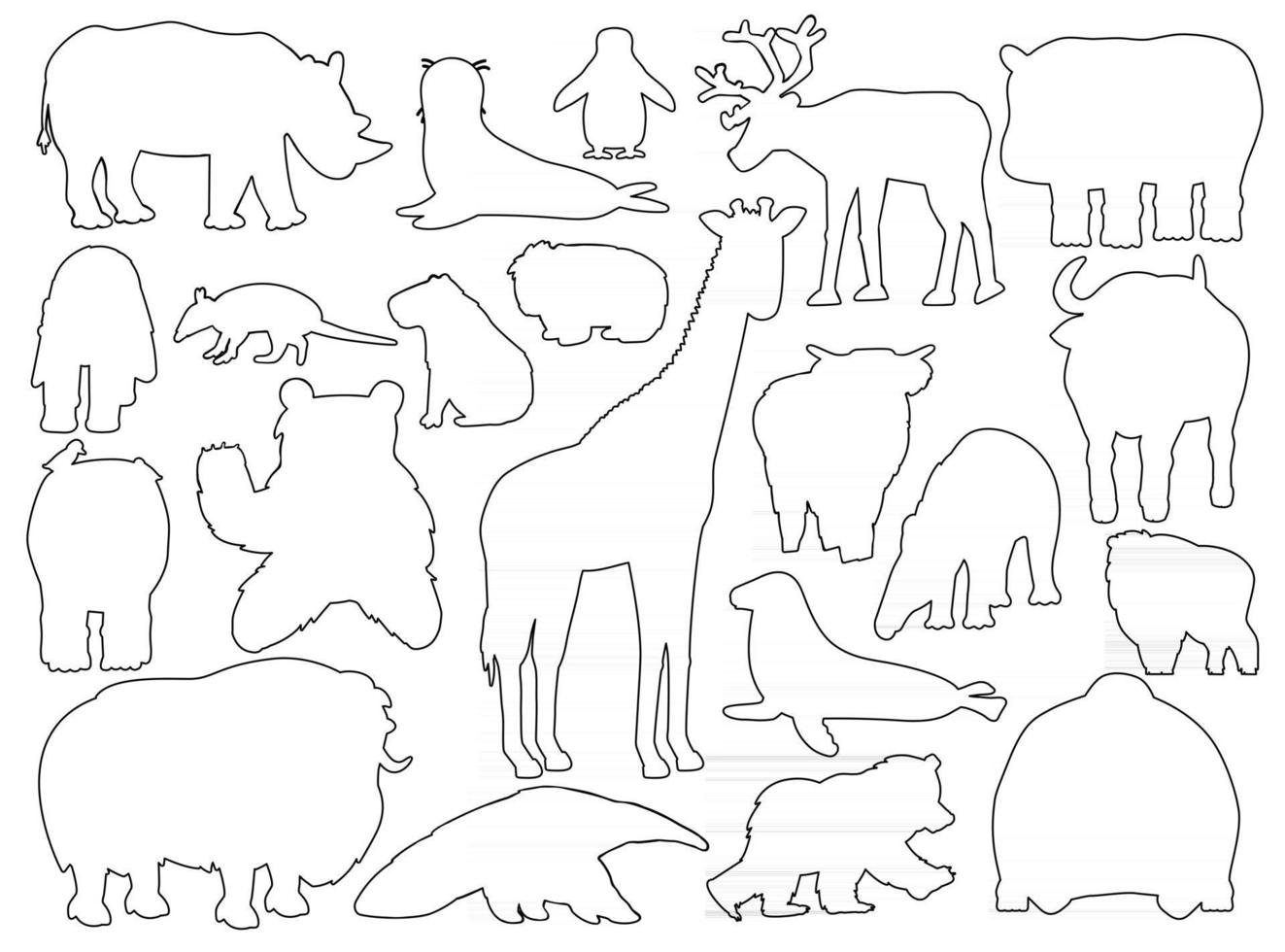 Reihe von Silhouettentieren. Vektor Umriss Cartoon isolierte grafische Hand gezeichnete Illustration. Giraffe Bär Orang-Utan Ochse Nashorn Wombat Hochlandkuh Siegel Tapir Ameisenbär Yak Nilpferd Capybara Pinguin Gürteltier