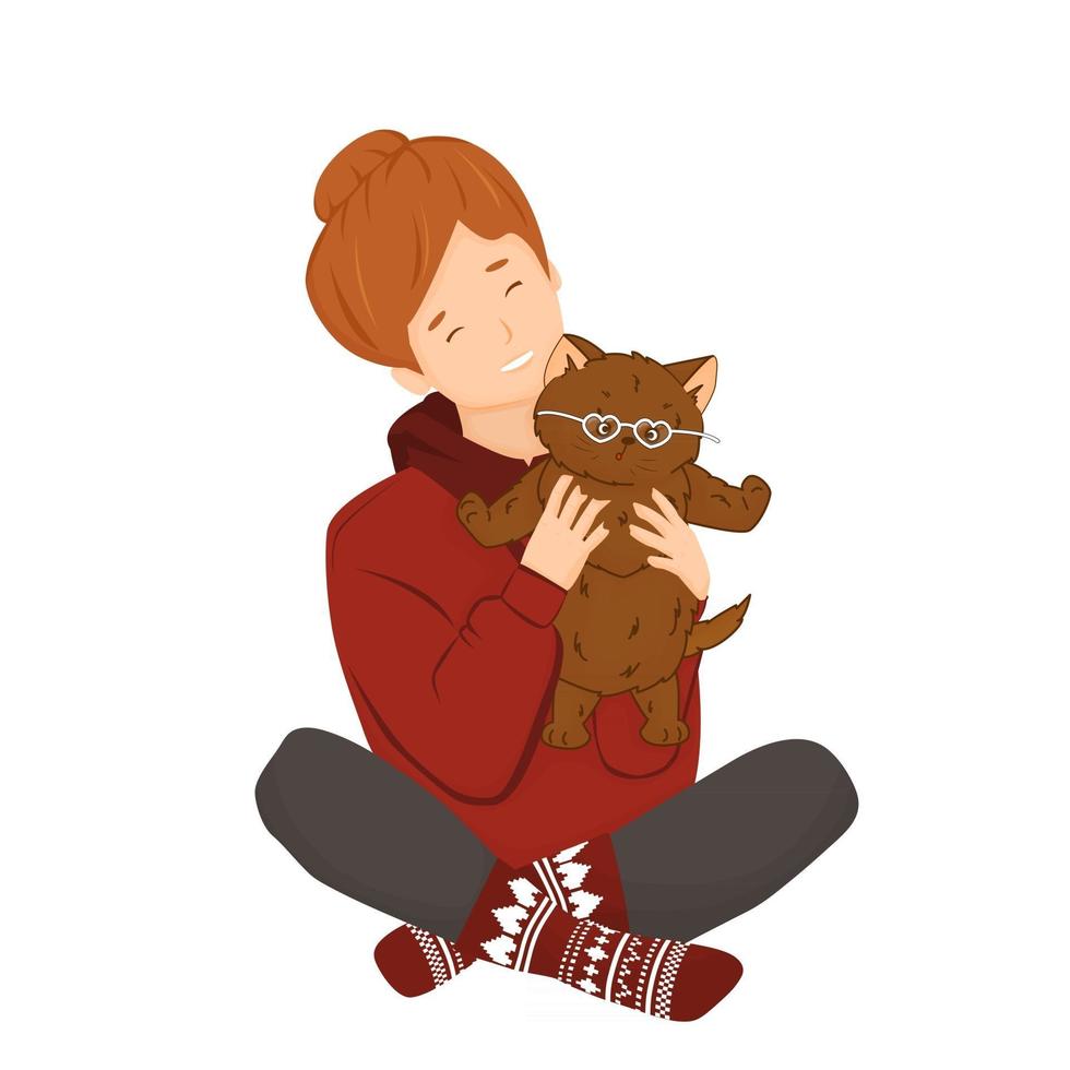 isolerad röd flicka i huvtröja och stickade strumpor håller en söt fluffig brun katt eller kattunge. hon och husdjur gör sig redo för alla hjärtans dag. katten har vita hjärtformade glasögon i ansiktet vektor