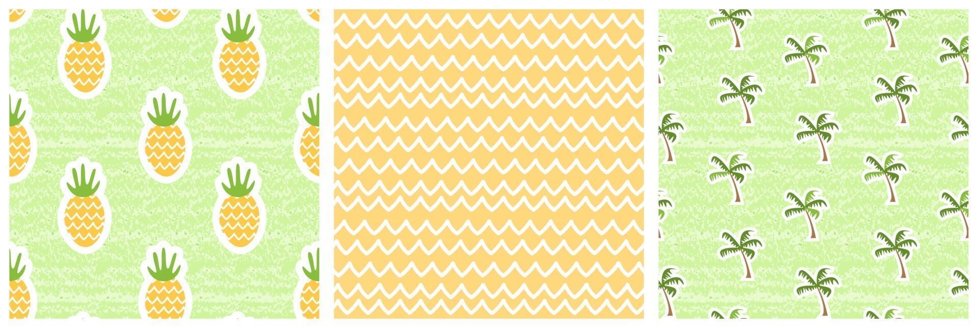 Satz nahtlose Muster der Sommernatur. Vektor-Illustration von Ananas, Palmen, gelben Wellen. schäbiger, gealterter Effekt vektor