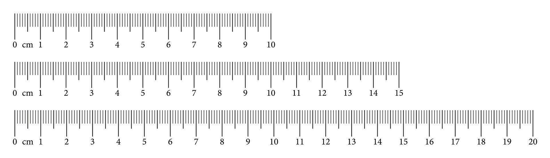 samling mätning diagram med 10,15, 20 centimeter. längd mått matematik, distans, höjd, sömnad verktyg. uppsättning av mallar linjaler skala med tal. eps. vektor