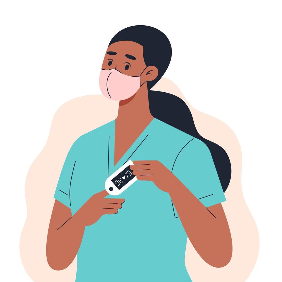 Eine Krankenschwester, die eine medizinische Maske trägt, misst den Sauerstoffgehalt im Blut mit einem Fingerpulsoximeter vektor
