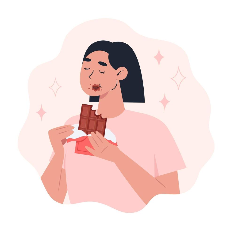 Weltschokoladentag, eine junge Frau isst eine Tafel Schokolade vektor