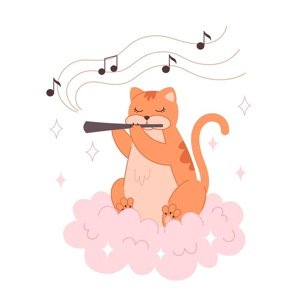 die Katze spielt Flöte und sitzt auf einer Wolke. Tierbabyillustration für den Kindergarten vektor
