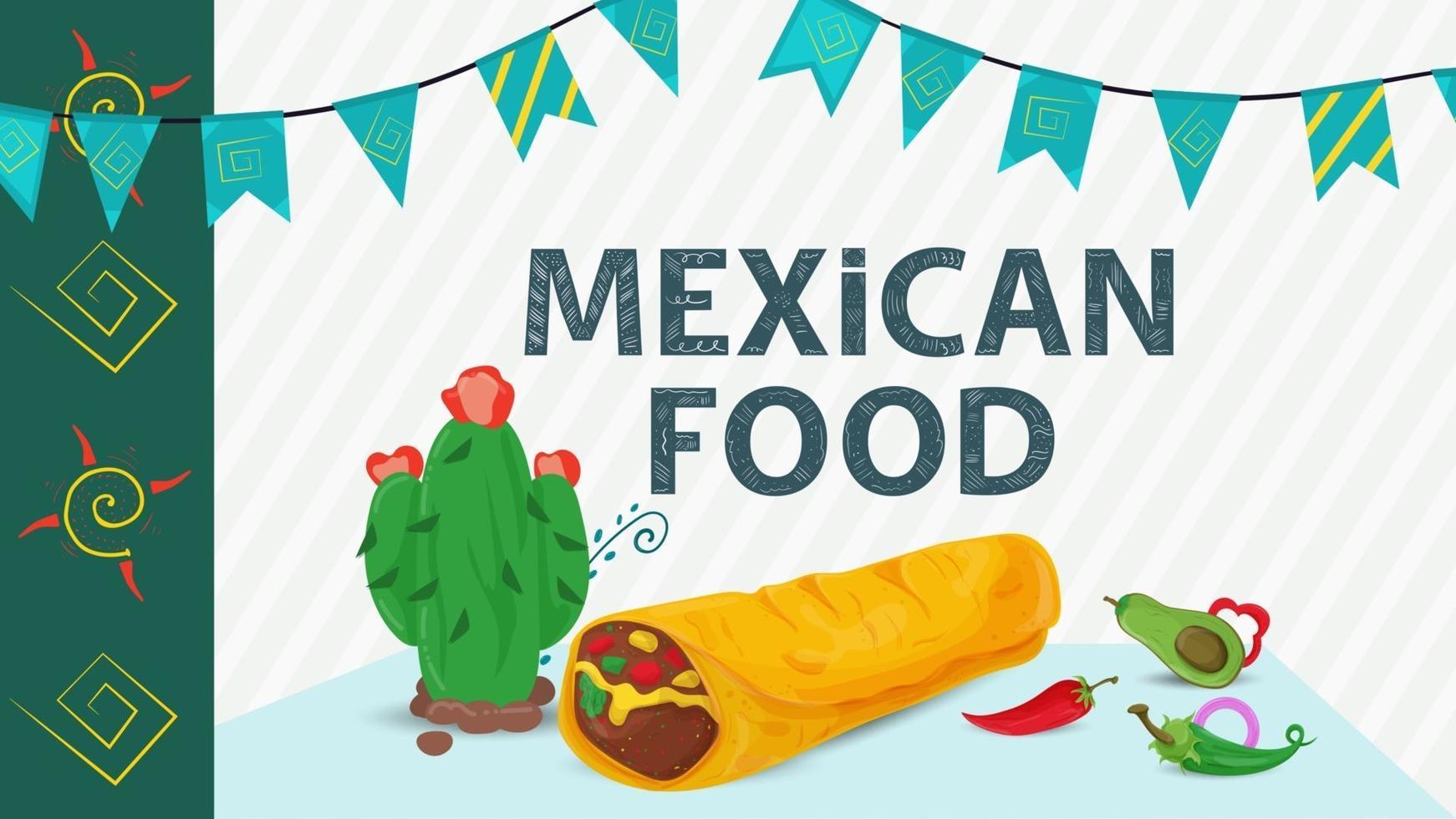 mexikansk matillustration för platt design bokstäver namn kaktus tortilla burrito röd het peppar vektor
