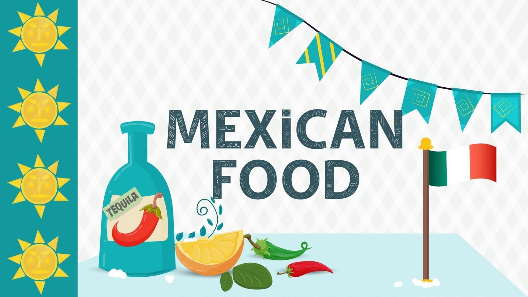 mexikansk matillustration för platt stil dekoration bokstäver namn tequila dryck flaska och nationella flagga vektor