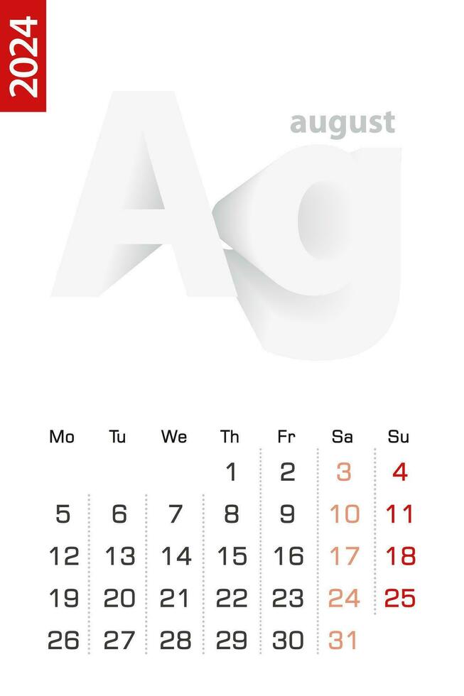 minimalistisk kalender mall för augusti 2024, vektor kalender i engelsk.