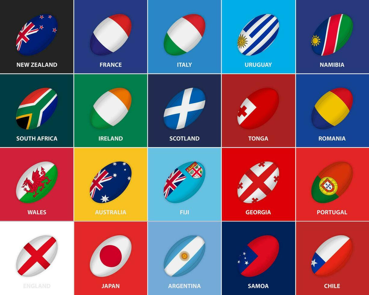 20 Flaggen im das Stil von ein Rugby Ball. Flagge von International Rugby Wettbewerb 2023 Teilnehmer. vektor