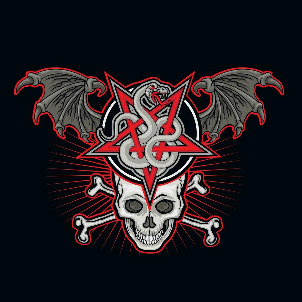 ockultiskt tecken med skalle, pentogram och orm, grunge årgång design t shirts vektor