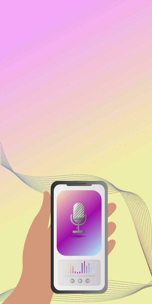 Medien Spieler App. Hand halten modern Telefon spielen Audio, Radio, Podcast, online Ausbildung. Vorlage zum Sozial Medien, Geschichten. Vertikale Hintergrund. eben Stil Vektor Illustration.