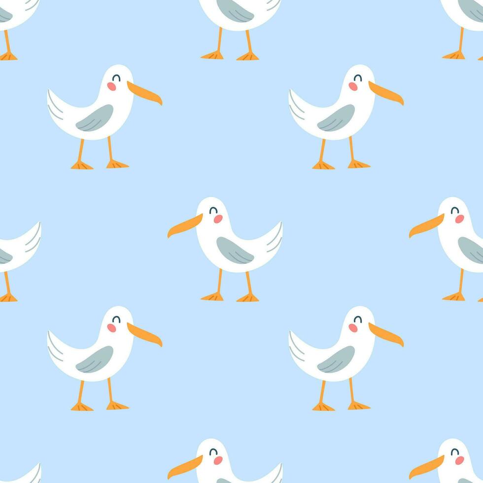 sömlös mönster rolig söt tecknad serie seagulls på en blå bakgrund. hav fågel. design för utskrift, textilier, tyger. vektor illustration