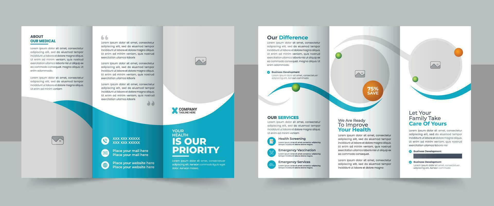 medicinsk klinik trifold broschyr flygblad layout, medicinsk eller sjukvård trifold broschyr mall uppsättning vektor