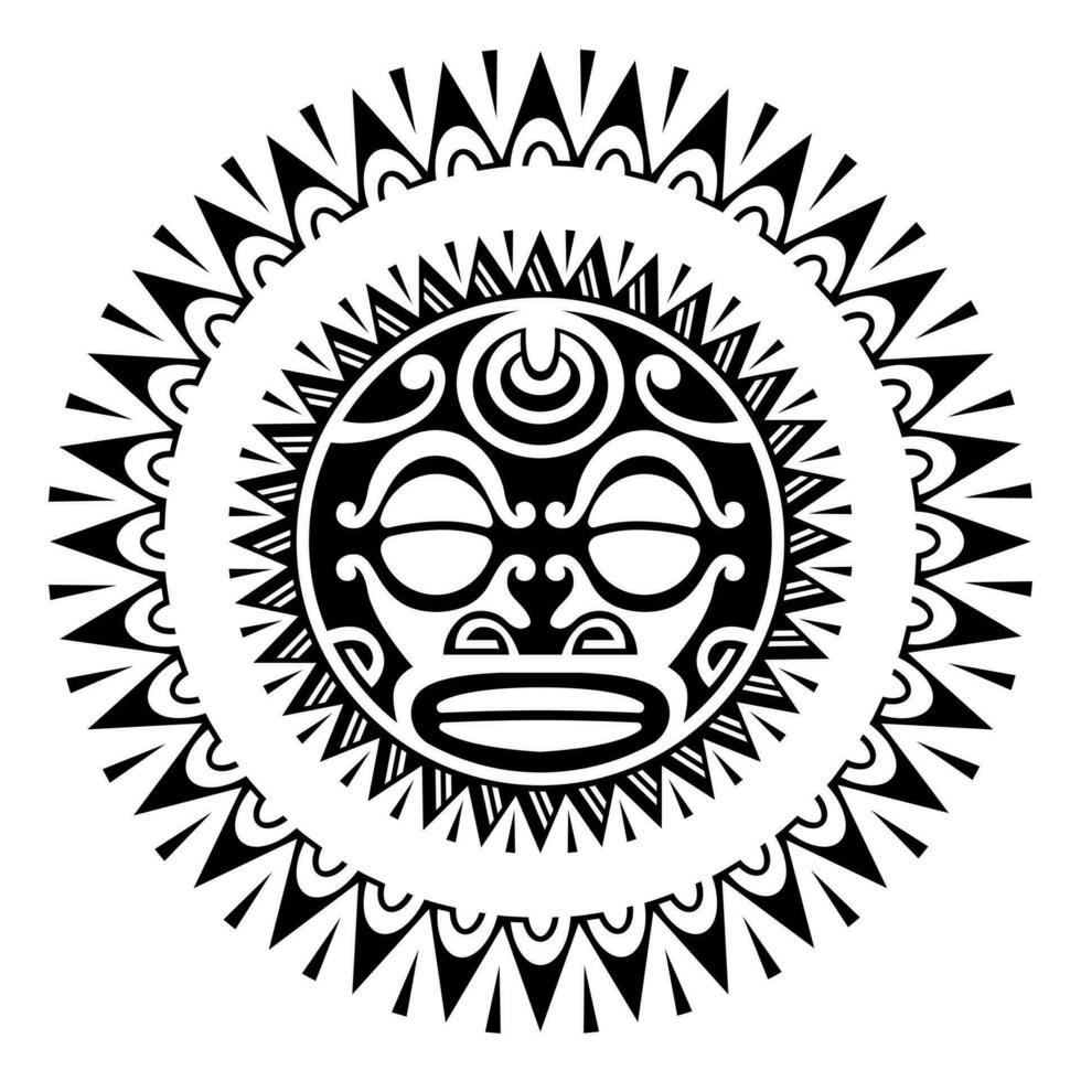 runda tatuering prydnad med Sol ansikte maori stil. afrikansk, azteker eller mayan etnisk mask. svart och vit vektor