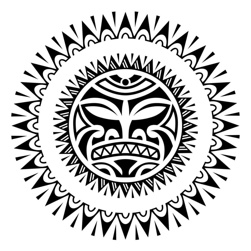 runden tätowieren Ornament mit Sonne Gesicht Maori Stil. afrikanisch, Azteken oder Maya ethnisch Maske. schwarz und Weiß vektor