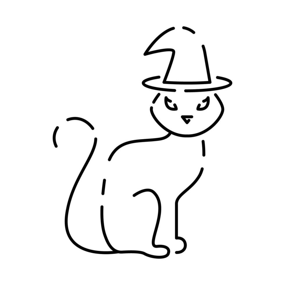 halloween katt linje ikon. svart katt med häxa hatt och text klistermärke för skriva ut kort, inbjudan, banderoller. Lycklig halloween. lura eller behandla och skrämmande. vektor