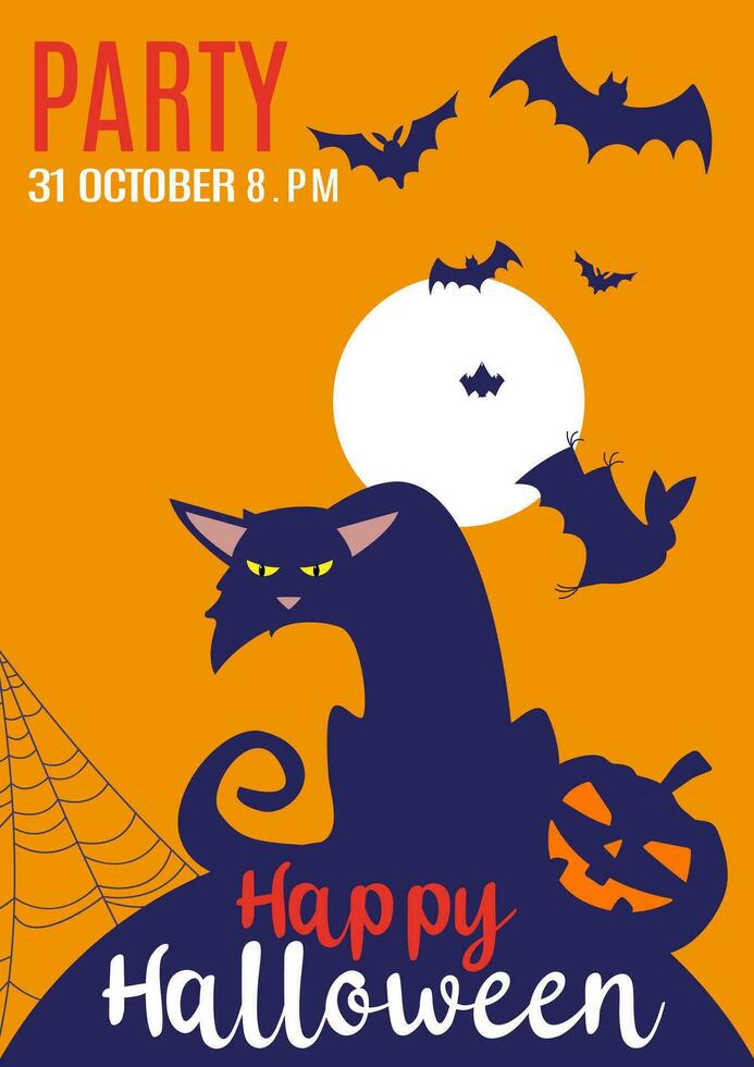 Halloween Illustration mit schwarz Katze auf Mond Gelb unheimlich Hintergrund. Halloween Party Einladung mit unheimlich Schläger und Kürbis. glücklich Halloween Urlaub. Poster und Netz Banner. Vektor Illustration.