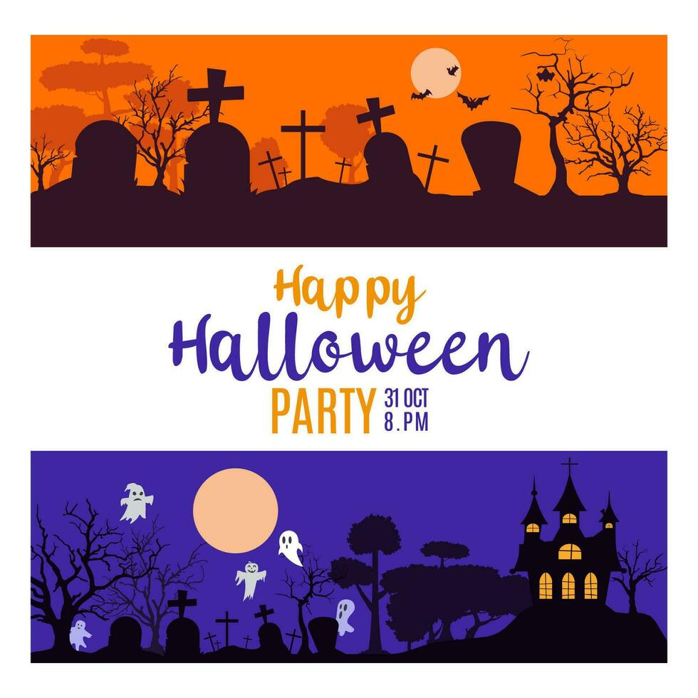 halloween tema fest vektor. de panorama- silhuett av de kyrkogård under de måne landskap med gravar och går över. läskigt illustration vektor illustration.