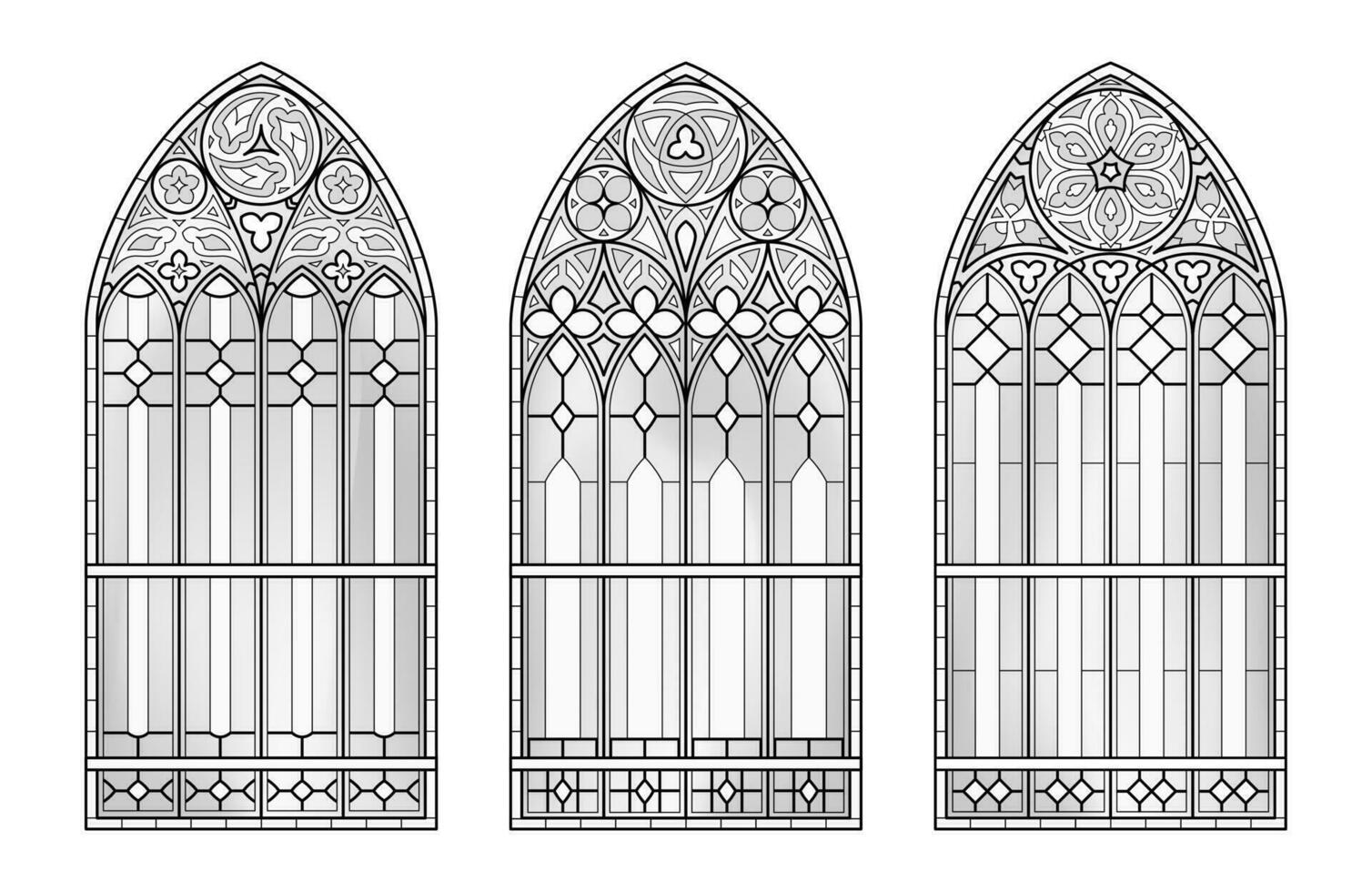 glas kyrka fönster. katolik svart och vit valv. vektor