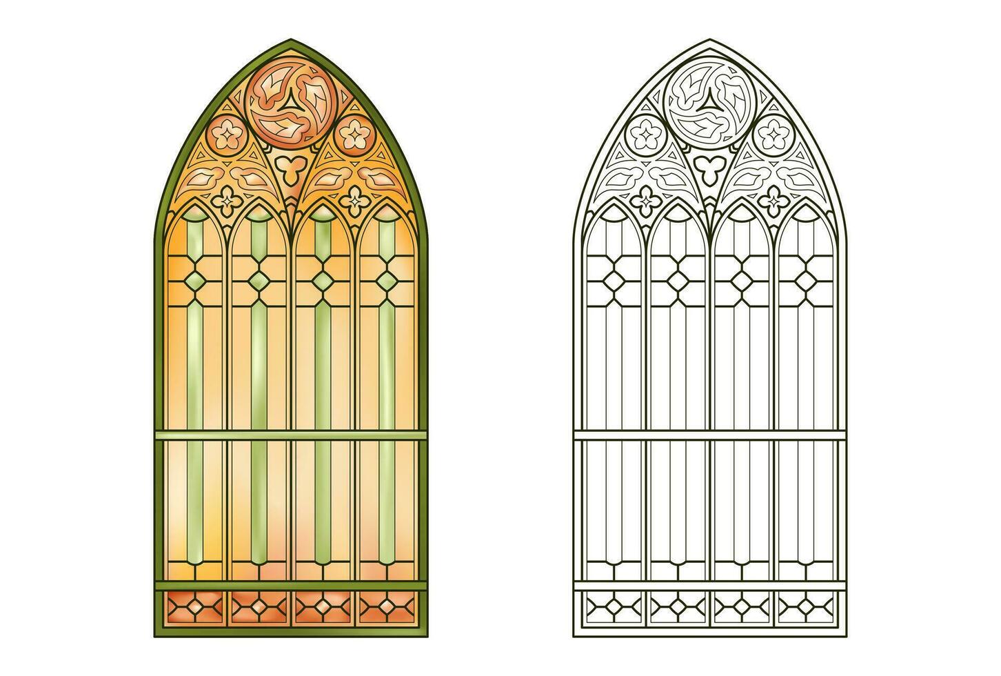 Arbeitsblatt mit befleckt Kirche Glas im Klasse Farben. vektor