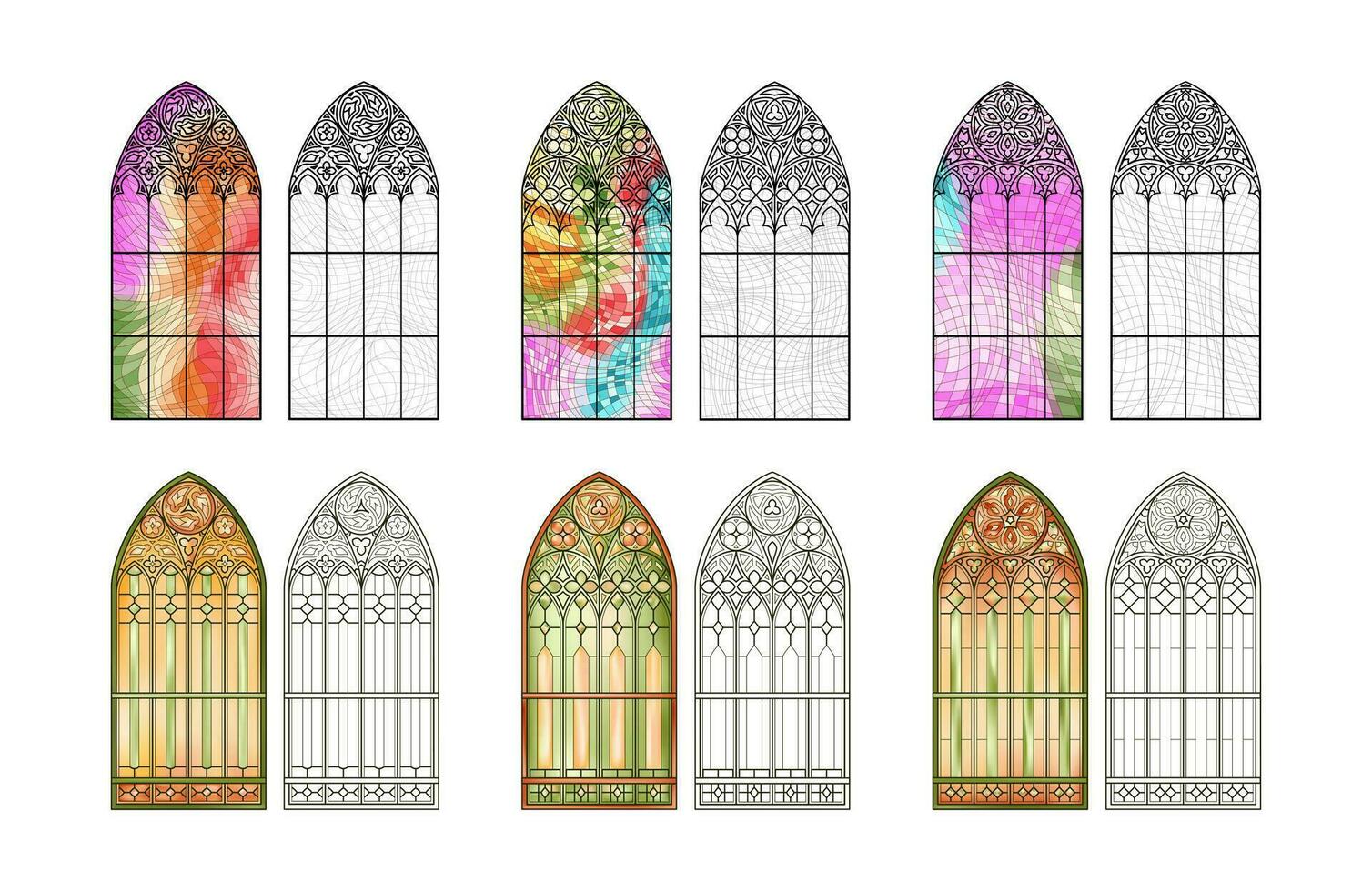 färgade kyrka glas arbetsblad. uppsättning av sex annorlunda fönster. vektor