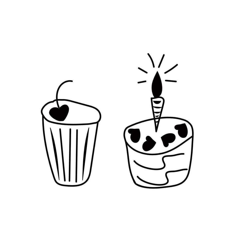 Vektor Illustration Gekritzel schwarz Gliederung Muffin und Cupcake mit Kerze zum Geburtstag Party. Symbole von Süßigkeiten zum das Urlaub. Design zum Netz Design, Verpackung, Postkarten, Flyer, Etiketten