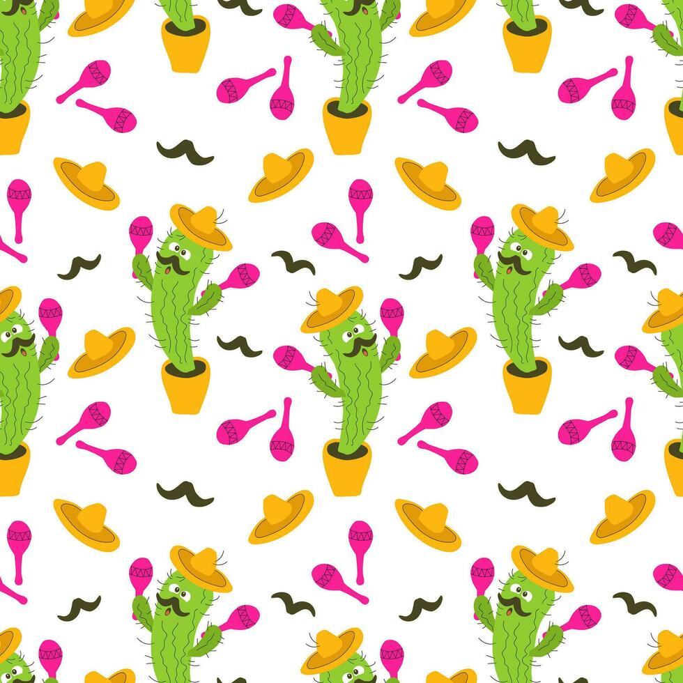 nahtlos Muster Karikatur Tanzen und Singen Mariachi Kaktus im ein Topf im ein Sombrero mit maracas. Hintergrund zum Mexikos National Urlaub cinco de Mayonnaise. Vektor Illustration