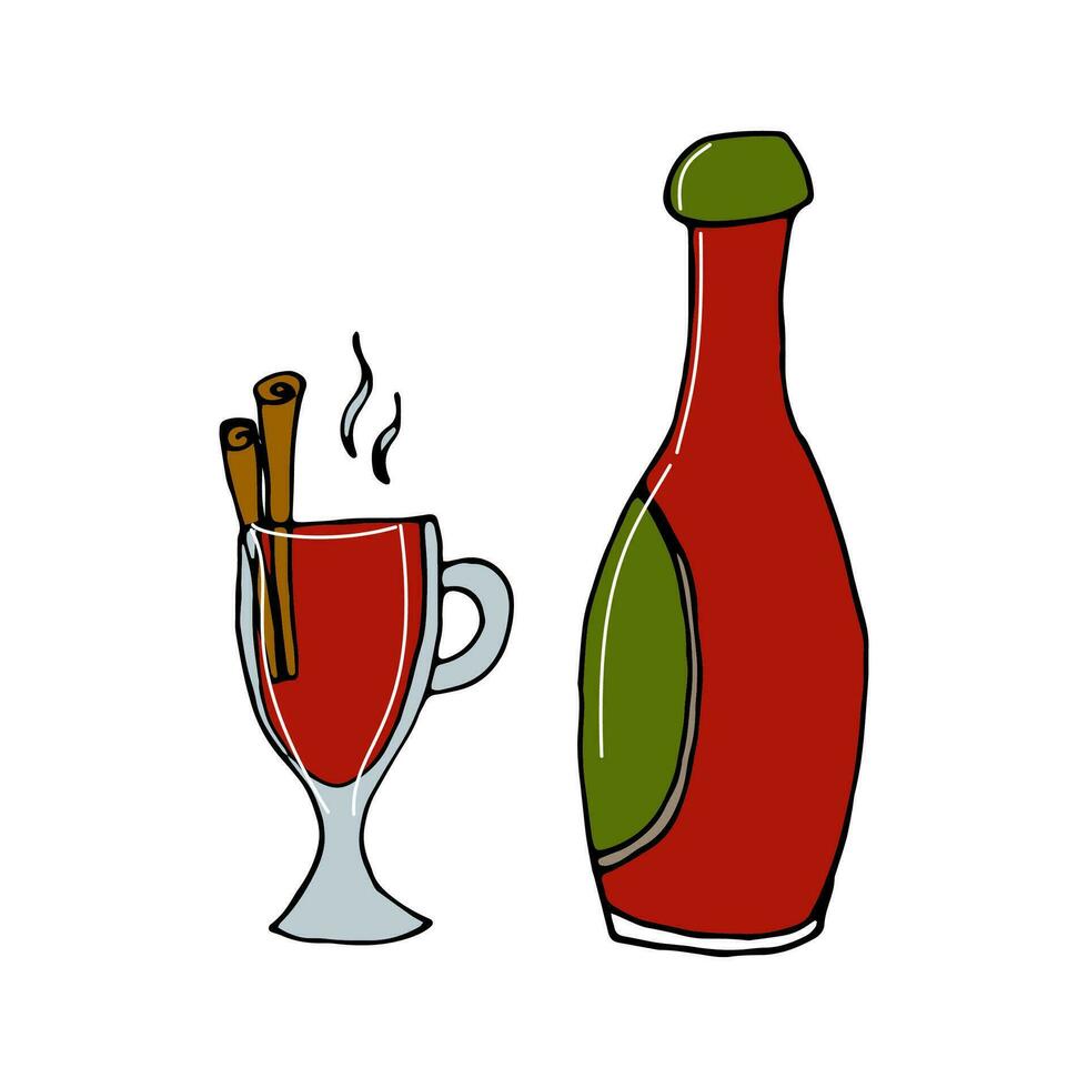 vektor klotter tecknad serie Färg illustration av funderade vin i en glas och en flaska av vin. bitter dryck för tacksägelse och jul högtider