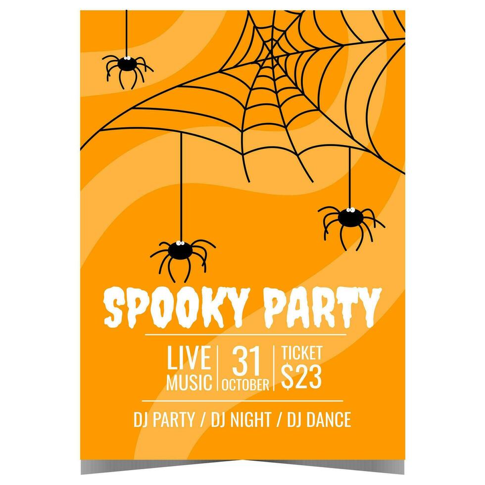 gespenstisch Halloween Party Einladung mit komisch Spinnen Weberei ein Netz auf ein Orange Hintergrund. Vektor Design Vorlage zum Halloween Party Banner oder Poster zu feiern das alle Heilige Tag auf Oktober 31.